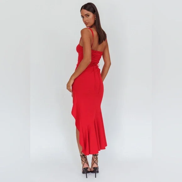 NWT Saints & Secrets Delighted Asymmetric Hem Maxi Dress Red - Picture 3 of 6